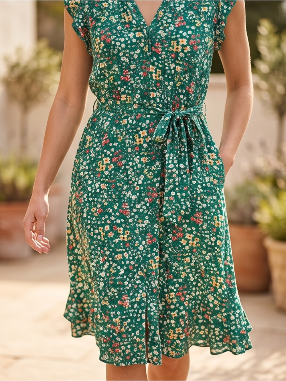 NWT - Apricot Green Floral Midi Dress Size S Ruffle Sleeve Belted